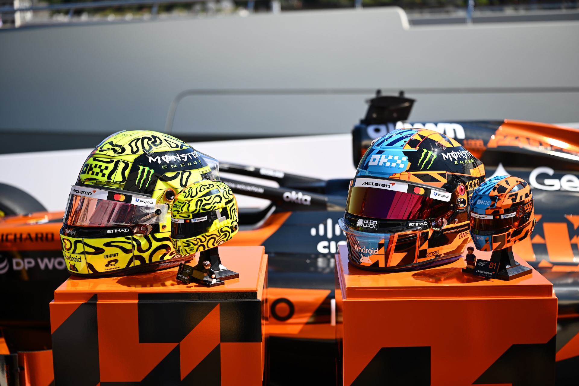 LEGO Editions 43017 McLaren Mastercard F1 Team Oscar Piastri Helmet and 43023 McLaren Mastercard F1 Team Lando Norris Helmet with real life counterparts